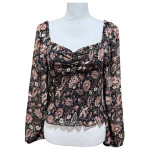 Madewell Lucie Floral Smocked Top Sheer Sleeves Crop Size L NWT